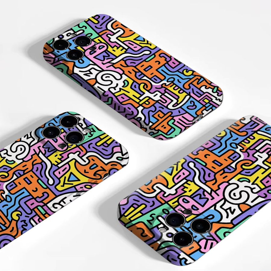 Handyhülle mit buntem abstraktem Doodle-Muster für iPhone 17 16 15 14 13 Pro Max Plus mit doppelschichtiger Rückseite, Mehrfarbig - Bild 3