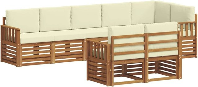vidaXL Sofagarnitur 8-teilig aus Massivholz Akazie in Natur und Beige mit L-Form und Polsterkissen - Bild 1