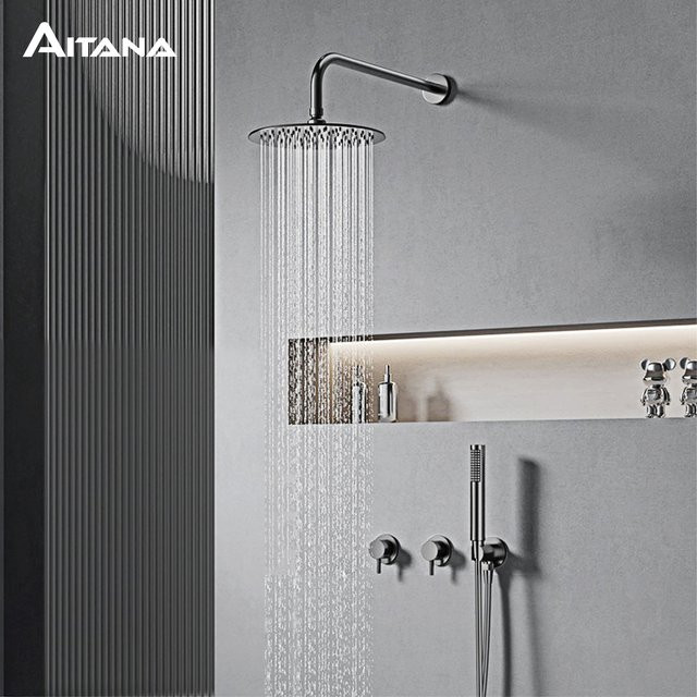 Aitana Minimalistisches Badezimmer-Duschsystem aus Messing mit Regen- und Handbrause, Wandmontage, gebürstetes Nickel oder Gold - Bild 1