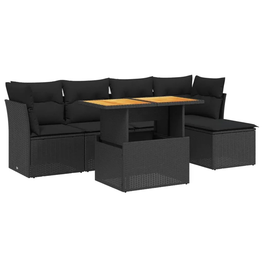 vidaXL 6-teilige Garten-Sofagarnitur in L-Form aus schwarzem Poly-Rattan mit Kissen und Akazienholz - Bild 2