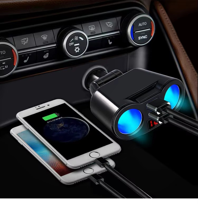 AMSYD Auto Zigarettenanzünder Doppelsteckdose mit Digital Display und Dual USB QC3.0 Schnellladegerät, 120 W, Schwarz - Bild 4