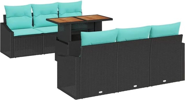 vidaXL Garten Essgruppe 7-teilig aus Poly-Rattan, Stahl und Akazienholz in Schwarz und Teal mit Kissen - Bild 1
