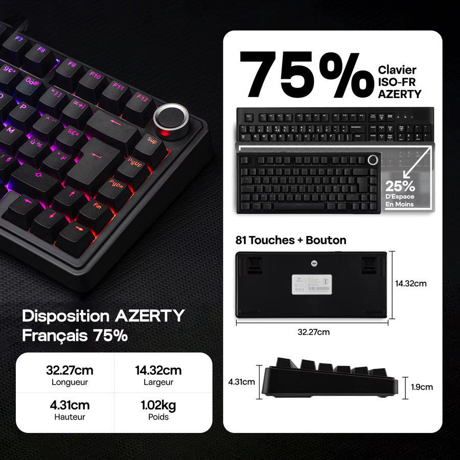 AULA F75 Mechanische Gaming-Tastatur mit AZERTY Französisches Layout, RGB-Hintergrundbeleuchtung, Bluetooth, 2,4G und Kabelverbindung, Schwarz, 4000-mAh-Akku für Win/Mac/PC - Bild 4
