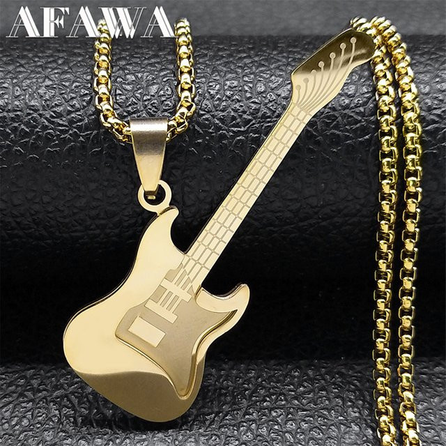 AFAWA Halskette Gitarre Musikinstrument Anhänger, Edelstahl, Gold, Unisex - Bild 1