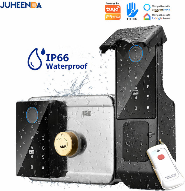 Juheenda Smartes Outdoor Türschloss mit Fingerabdruck, Digitalcode und IC-Karte, Wasserdichtes WLAN Türschloss mit Tuya und TTLock App, Alexa-kompatibel, Schwarz - Bild 1