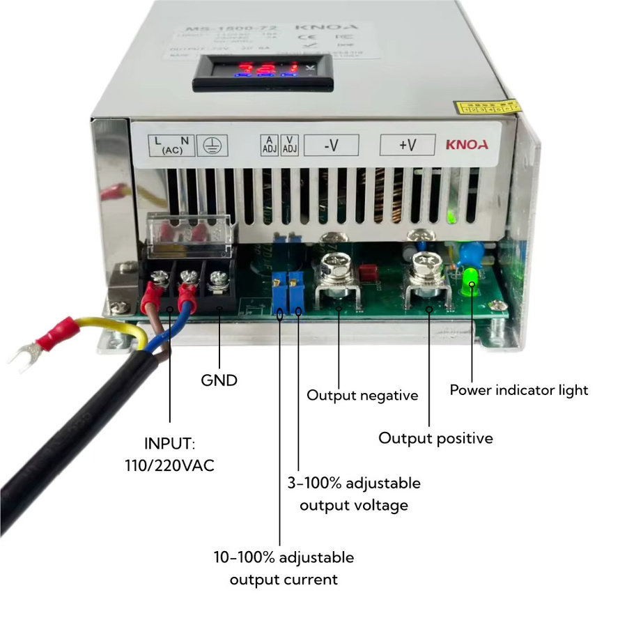 KNOA Digitales Netzteil 1500W mit Anzeige, Einstellbar 12V-200V, AC-DC CC/CV SMPS, Silber - Bild 3