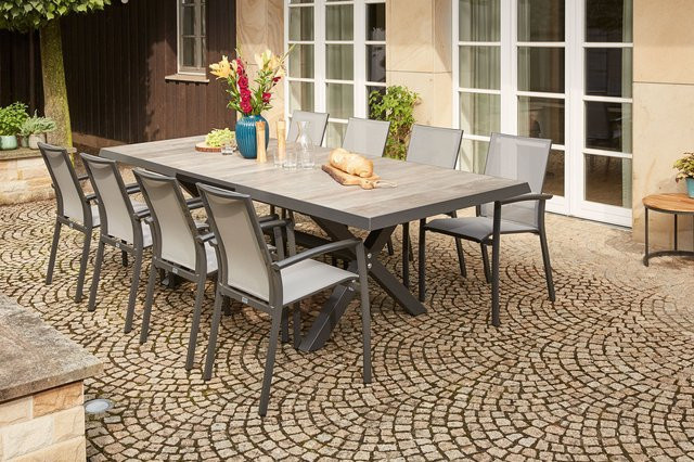 Siena Garden Velia/Sincro Garten-Essgruppe aus Aluminium, Ranotex und Keramik in Anthrazit und Natur-Grau mit 8 Sesseln und Ausziehtisch, B/T/H: 260 x 100 cm (ausziehbar von 200 x 100 cm) - Bild 1
