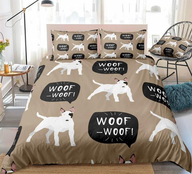3-teiliges Bettwäsche-Set mit Bullterrier-Motiv von Binchi Outdoor Product, Cartoon-Design in Weiß und Braun, Material Mikrofaser, B/H: 155 x 215 cm - Bild 1
