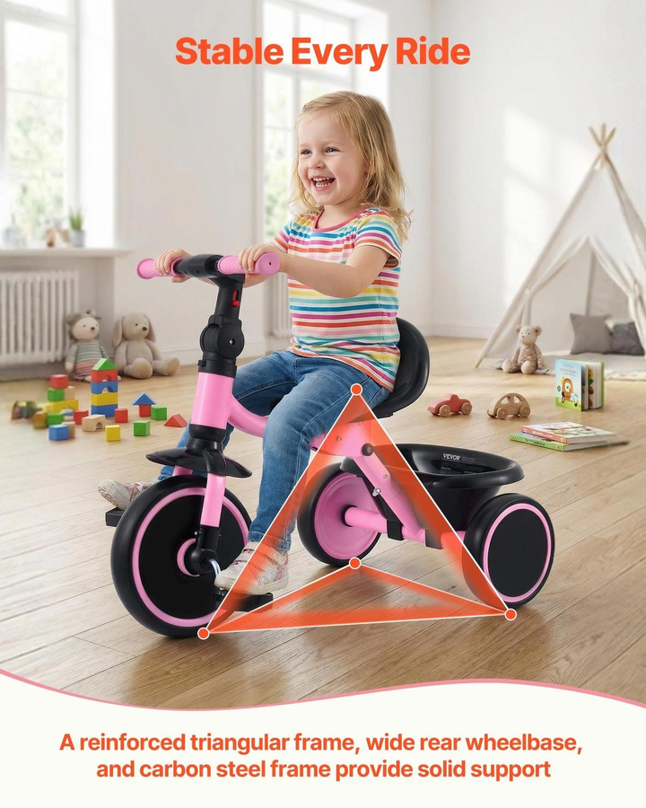 Faltbares Kleinkind-Dreirad von Buying Solutions, MB für 2-5-Jährige mit verstellbarem Sitz und Stauraum, Kohlenstoffstahl-Rahmen, Pink + Black - Bild 3