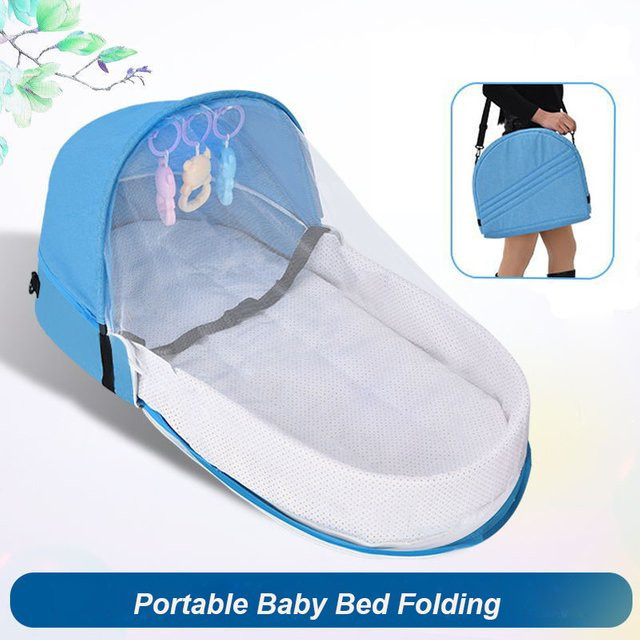 Zusammenklappbares Babybett mit Moskitonetz und Matratze in Blau für Neugeborene und Reisen - Bild 1