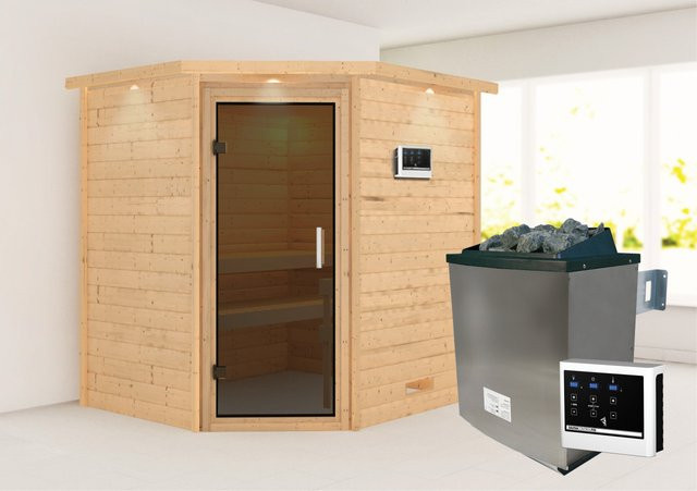 Massivholzsauna MIA von Karibu aus Fichtenholz mit 9.0 kW Ofen, Steuergerät, Dachkranz und Ganzglastür in Graphit, B: 196 cm, T: 198 cm, H: 170 cm - Bild 1