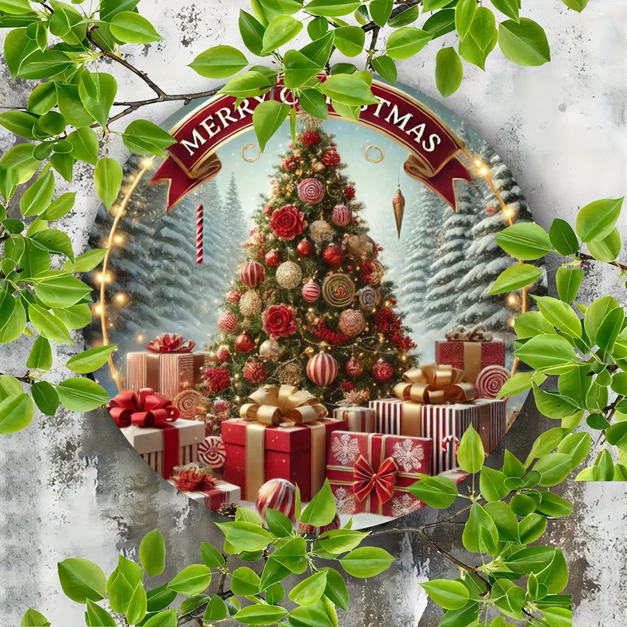 Potdemiel Rundes Metallschild mit Weihnachtsbaum-Motiv in Multicolor, Hängedekoration aus Eisen, Durchmesser: 20,3 cm - Bild 2