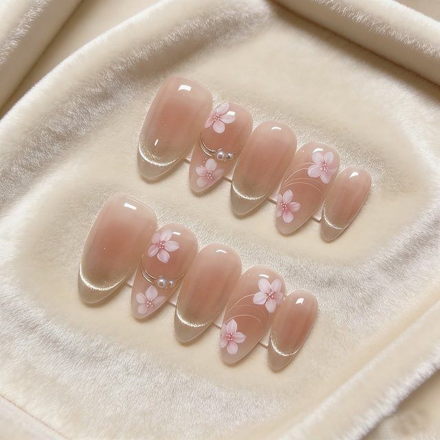 Stylebon Press-on-Nägel, French Cat Eye Floral, mittellang oval, glänzend, 10 Stück - Bild 1