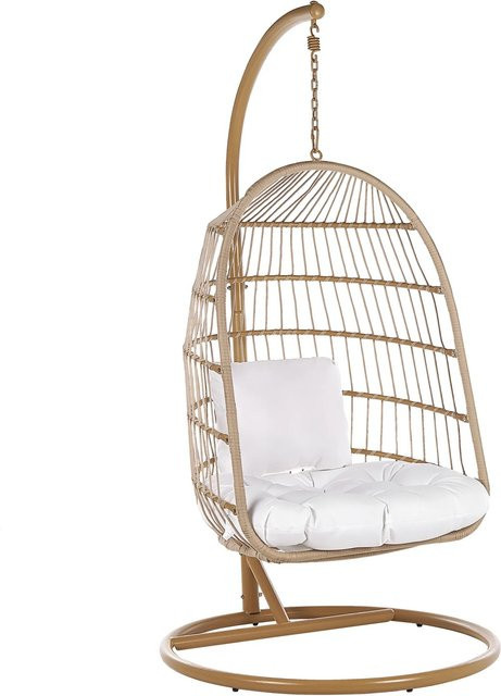 Beliani Hängesessel Egg im Boho-Stil aus PE-Rattan mit Polsterung, Beige/Weiss, B/T/H: 102 x 102 x 200 cm - Bild 1