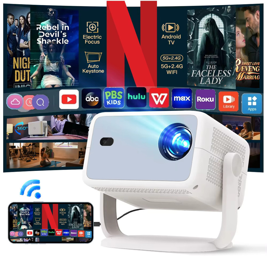 LYNCAST L018AR Smart Projektor mit Android 14, Native 1080P Full HD, 4K Unterstützung und Bluetooth 5.4, Tragbar, Weiß - Bild 2
