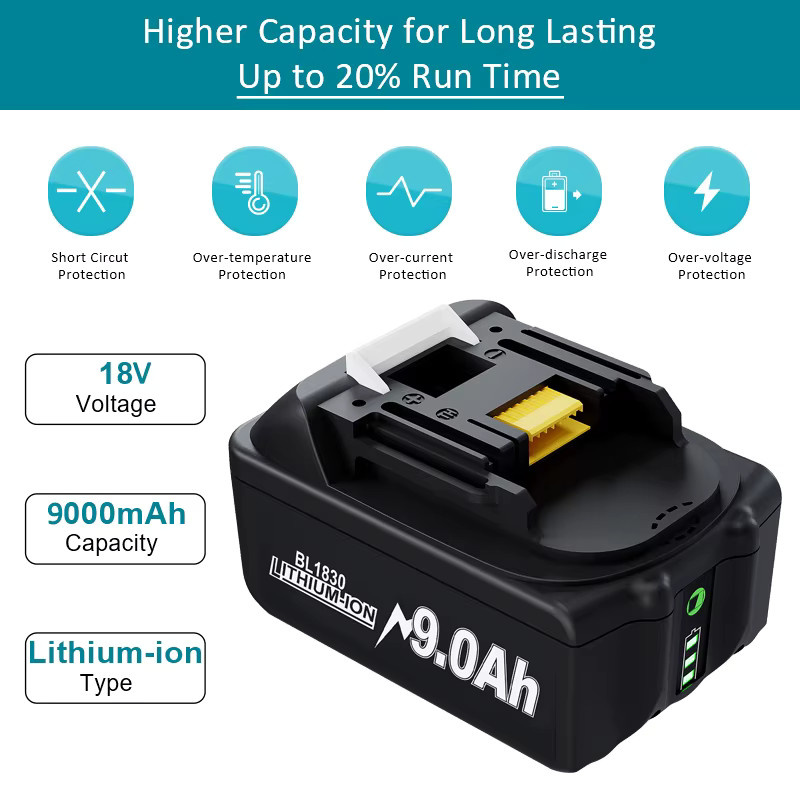 Makita 18-V-Akku Li-Ion 9000 mAh Schwarz für LXT400 Akkuschrauber und BL1830 BL1840B BL1850 BL1860 BL1890 BL1815 BL1835 Modelle - Bild 4