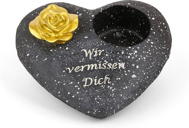Wetterfester Grabschmuck von Novaliv in Schwarz als Herz mit Rose und Spruch Wir vermissen Dich inklusive Teelichthalter - Bild 1