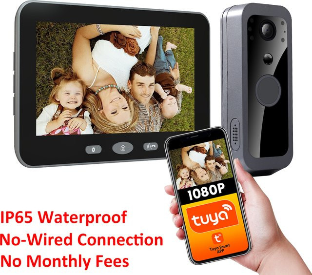 Tuya Smart Wireless Türklingel Kamera mit 5 Zoll Monitor und 1080P Video in Schwarz - Bild 1