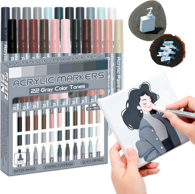 Kolorowys Acryl-Farbstifte Set mit 22 Farben in Grau- und Hauttönen, Pro-Farbserie Marker mit 0,7 mm extra feiner Spitze - Bild 1