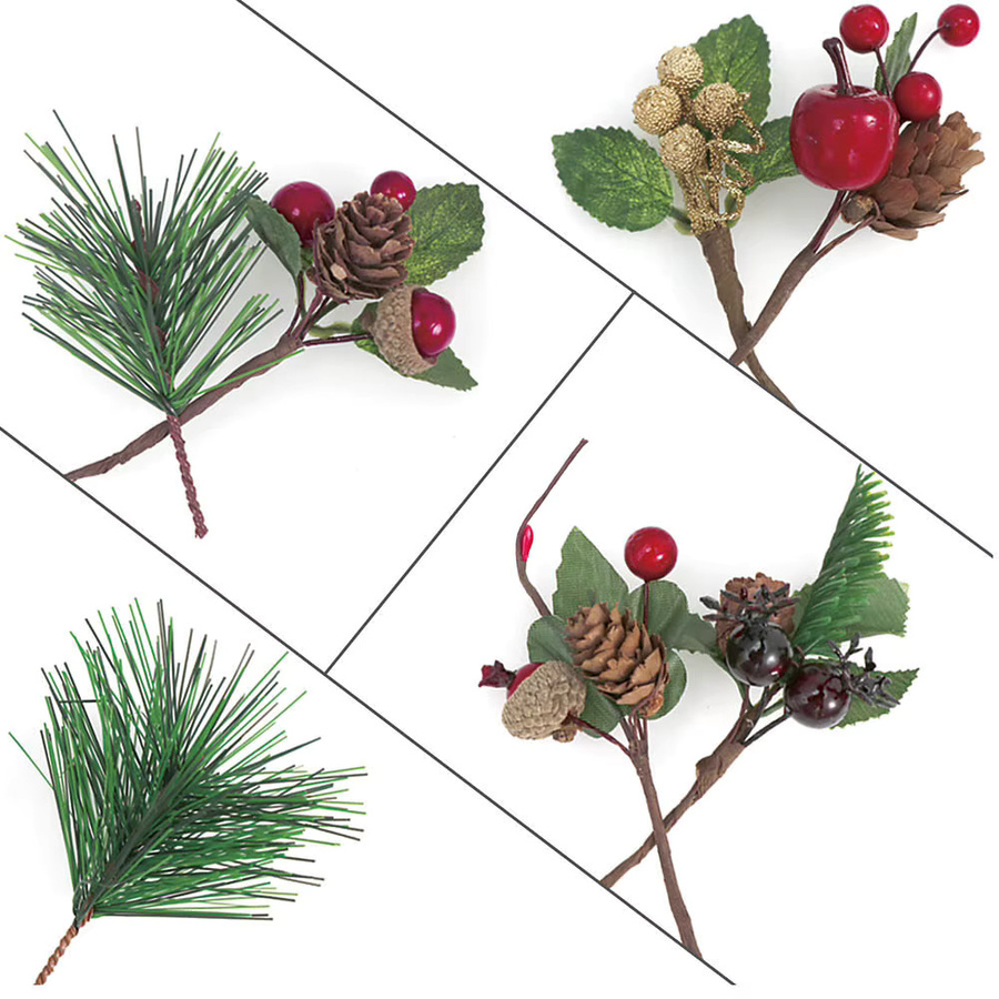 Ywbeads 7 Stück künstliche Weihnachtsdekoration aus Kunststoff mit Tannennadeln, Tannenzapfen und Stechpalmenzweigen in Multicolour für Blumenhandwerk und Tischdekoration - Bild 2
