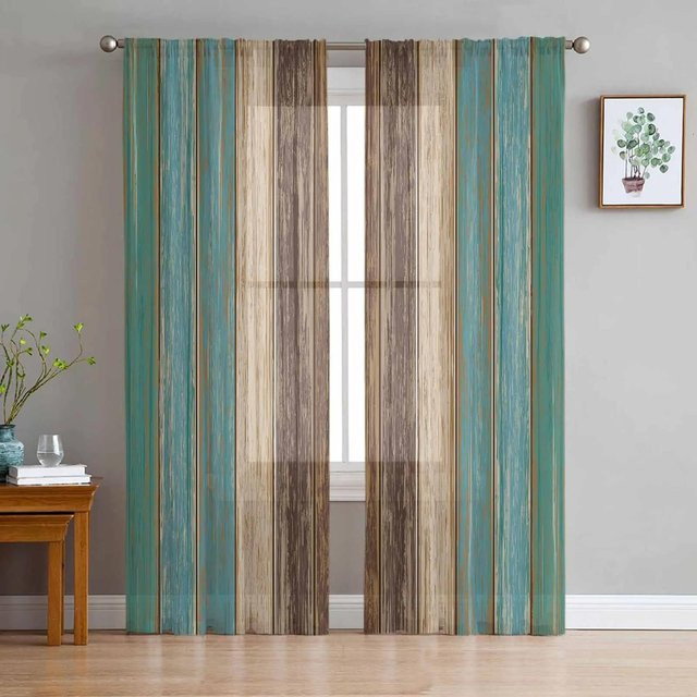 Transparente Tüll-Voile-Vorhänge mit Holzmaserung in Khaki Braun, B: 135 cm, H: 115 cm - Bild 1