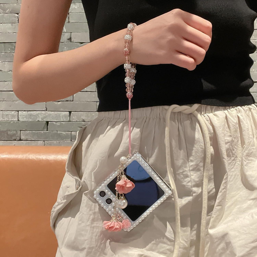 Glitzernde 3D Blume Diamant Hülle für Samsung Galaxy Z Flip 6 mit Handgelenkkette und Perlen in Multicolour - Bild 2