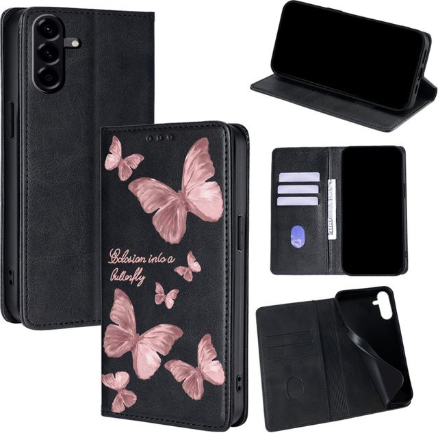 Samsung Wallet Cover mit Schmetterlingsmuster in Rosa für Galaxy S25 Ultra S25 FE S24 S23 S22 Plus Flip A17 A07 A56 A36 A26 aus Leder - Bild 1