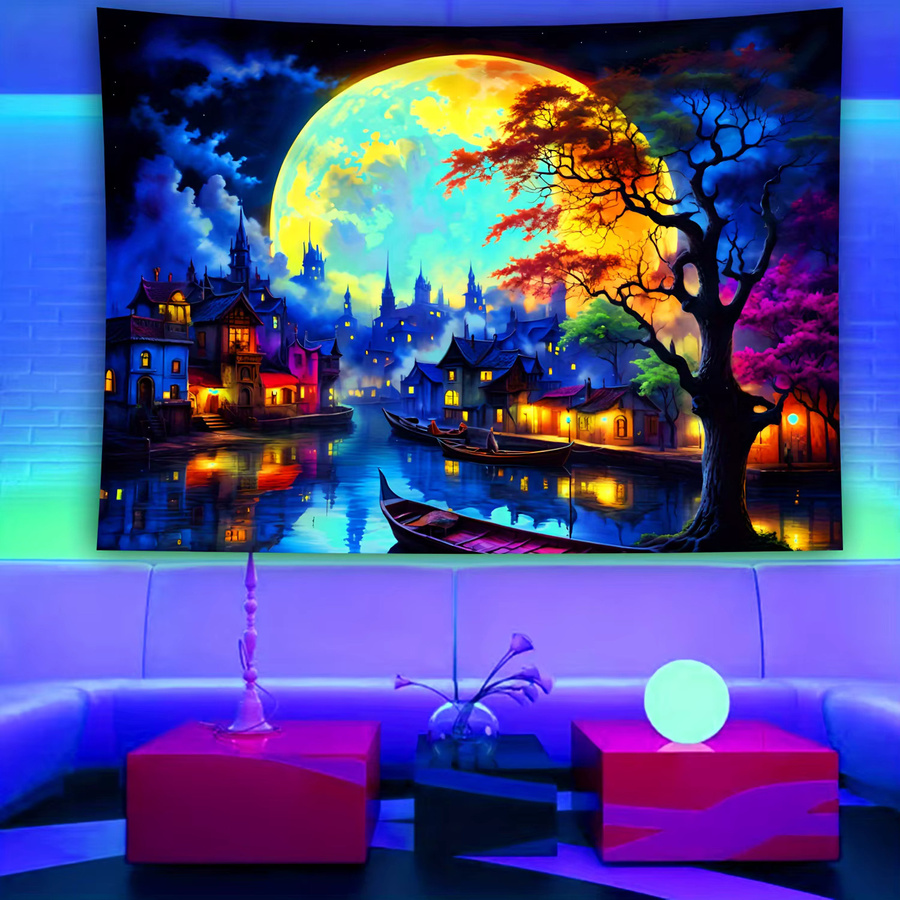 VIKAMA Dreamy Moonlight Wandteppich Rund mit Stadtlandschaft und Vollmond, Mehrfarbig, B/H: 60 x 40 cm - Bild 3