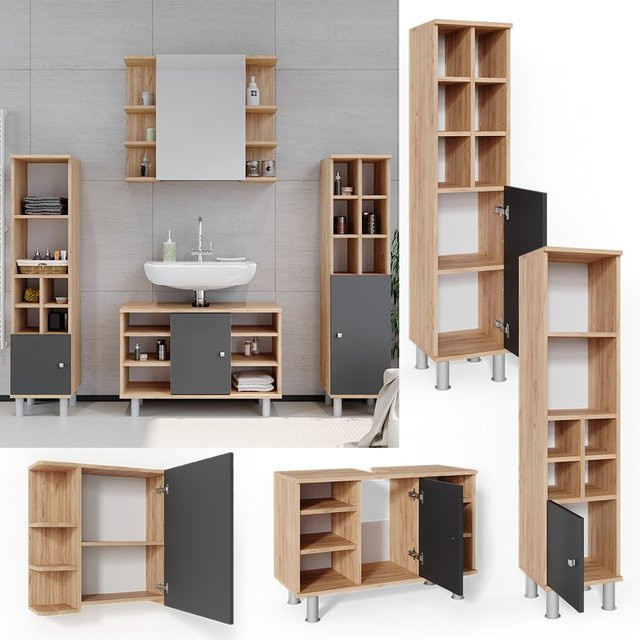 Vicco Badmöbel Set Fynn 4-teilig in Eiche und Anthrazit mit Spiegelschrank, Waschbeckenunterschrank und Hochschrank - Bild 1