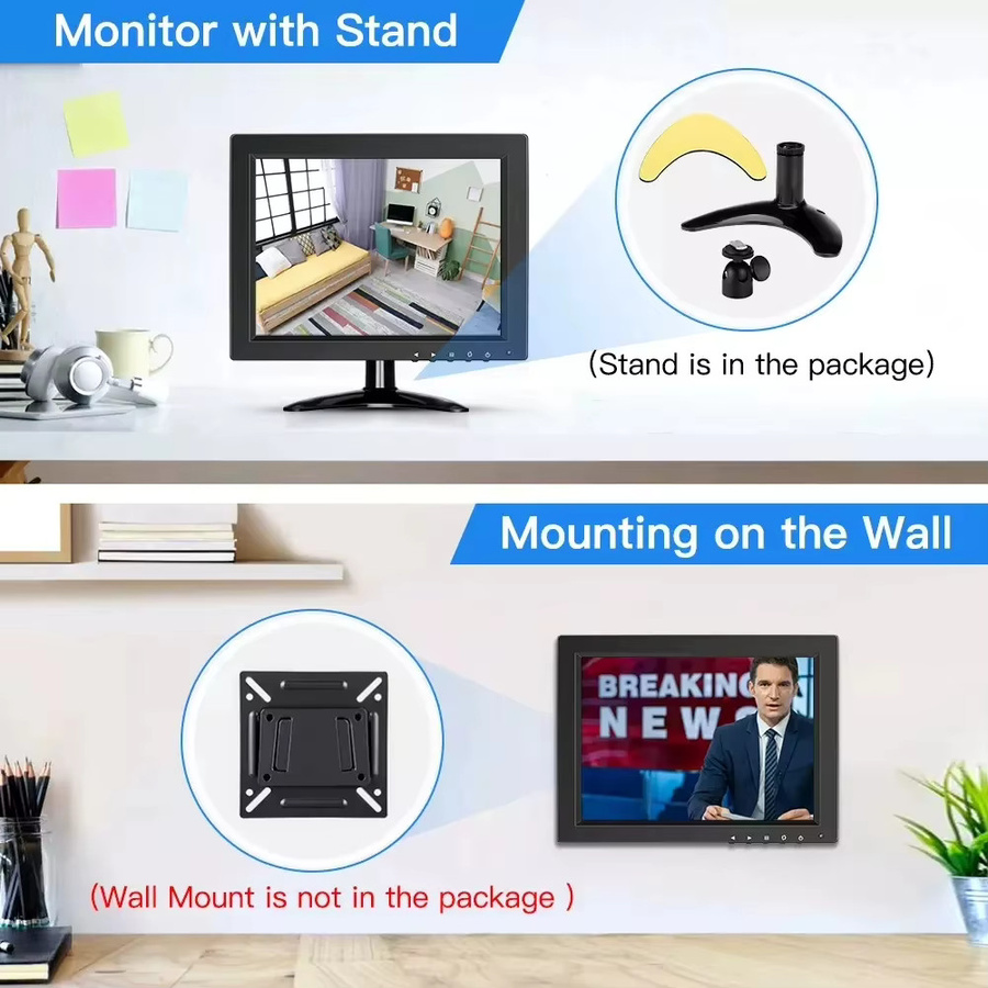 Eyoyo 10 Zoll Desktop-Monitor HD 1024x768 LCD-Display mit HDMI, VGA, BNC und AV-Anschluss in Schwarz für Videoüberwachung - Bild 7