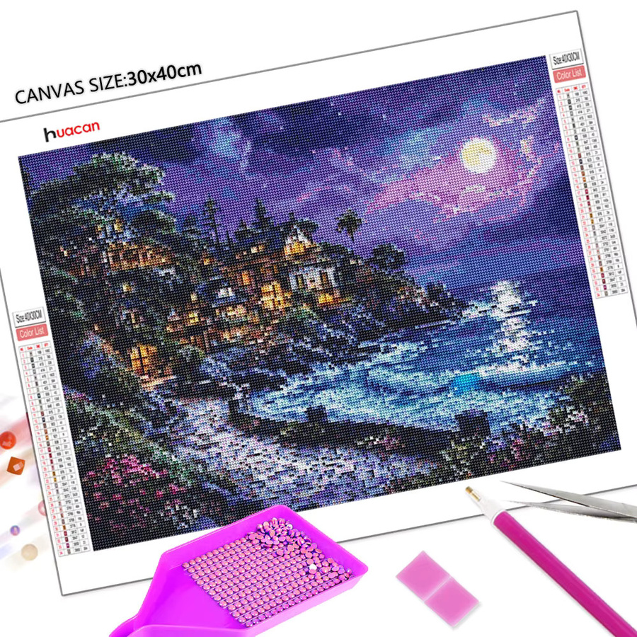 Huacan 5D-Diamantgemälde Set Meer Nachtlandschaft mit runden Steinen in Mehrfarben, Breite: 30,0 cm, Höhe: 20,0 cm - Bild 2