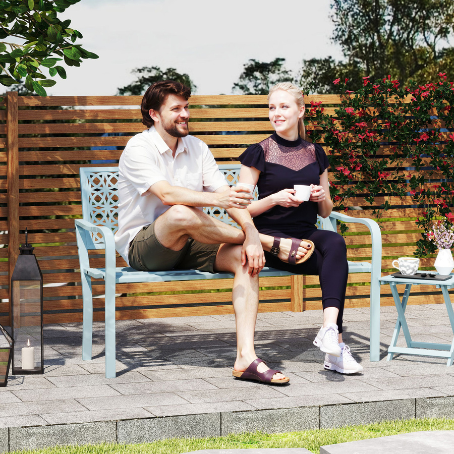 Outsunny Gartenbank aus Stahl mit Armlehnen, wetterfeste 2-Sitzer Sitzbank in Blau, B/T/H: 127 x 63 x 85 cm - Bild 2