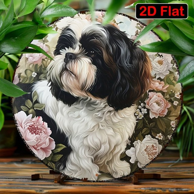 Rundes Aluminium-Metallschild von Potdemiel mit Blumen-Tzu-Hund-Motiv, Durchmesser: 20 cm, Mehrfarbig - Bild 1
