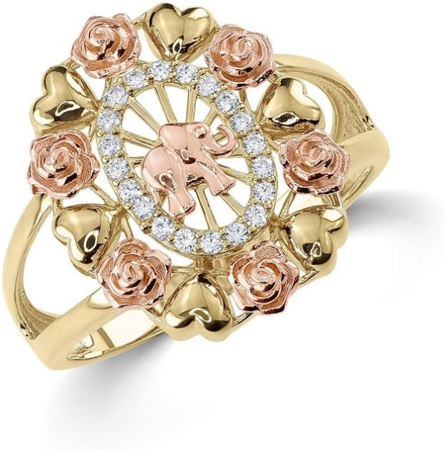 YoYo Ring, vergoldet, Elefanten- und Rosenmuster, Zirkonia, Damen - Bild 1