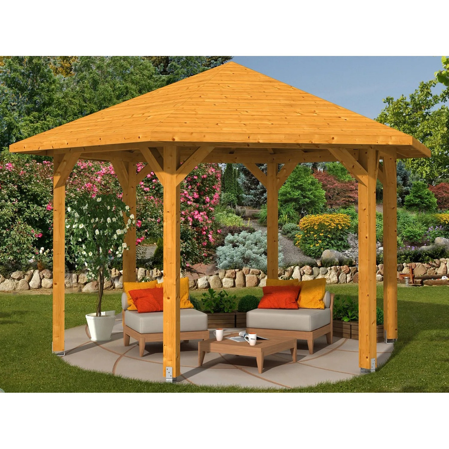 Skan Holz Pavillon Nancy 3 aus Leimholz in Eiche hell und Beige mit Zeltdach, B/T/H: 480 x 416 x 316 cm - Bild 2