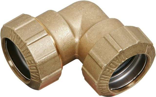 LUX-TOOLS Winkel 90 Grad für PE Rohr 32 mm (1 1/4 Zoll) aus Messing in Gold - Bild 1