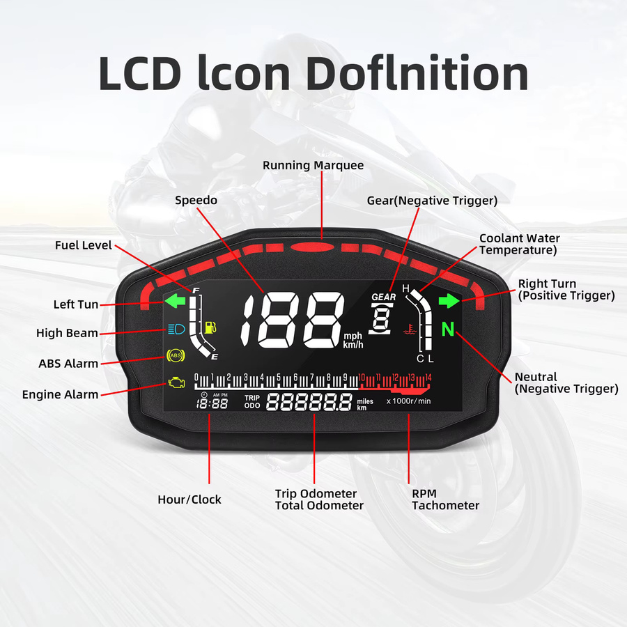 Universal Moto Dashboard Digitaler Motorrad Tacho mit Hintergrundbeleuchtung für BMW Honda Ducati Kawasaki Yamaha in Schwarz - Bild 2