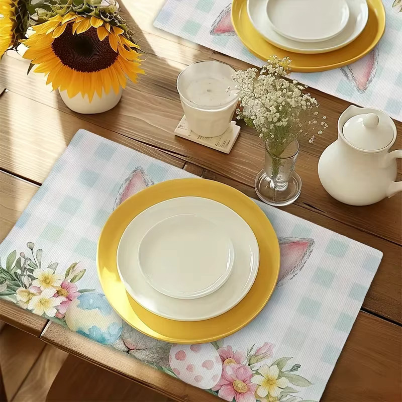VIKAMA Oster-Tischset 4-teilig aus Leinen mit Hasen, Eiern und Blumenmuster in Mehrfarbig - Bild 4