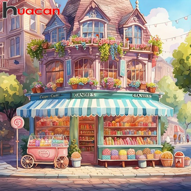 Huacan DIY Diamantmalerei Set Straßen-Süßwarenladen Landschaft in Multicolour, B/T/H: 20 x 20 x 20 cm - Bild 1