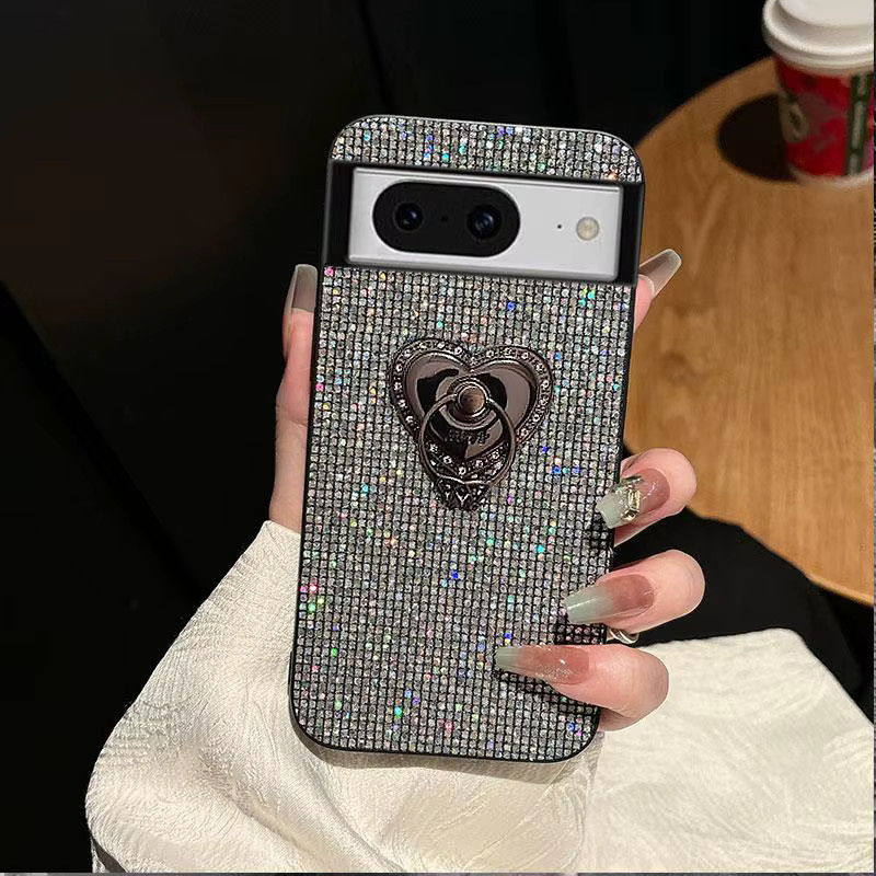 Modische TPU-Telefonhülle mit Glitzer-Gittermuster und Herz-Ringhalter für Google Pixel 9 10 Pro XL 6 7 8 Pro 6A 7A 8A 9A in Schwarz - Bild 3