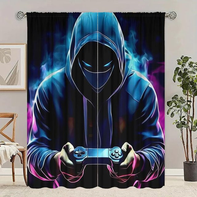 2er-Set Yiran Furniture Gamer Vorhänge aus Polyester, halbtransparent, Mehrfarbig, B: 35 cm, H: 100 cm - Bild 1