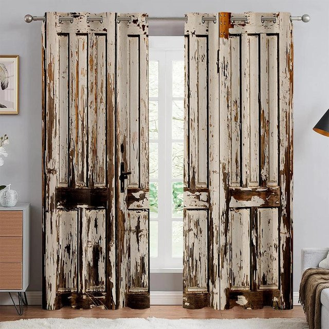 Yiran Furniture Dekorative Fenstervorhänge im Retro Holztür-Design mit 3D-Druck, halbtransparent, Braun, B: 135 cm, H: 185 cm - Bild 1