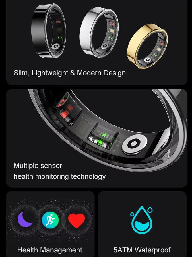 Uhoofit Smart Ring R09 in Schwarz mit Herzfrequenzmessung, SpO2-Sensor, Schlafmonitor und 5ATM Wasserdichtigkeit - Bild 2