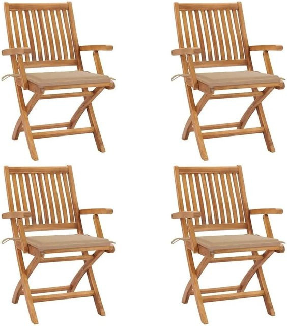 vidaXL Set aus 4 klappbaren Gartenstühlen aus Teakholz mit Kissen in Braun und Beige - Bild 1