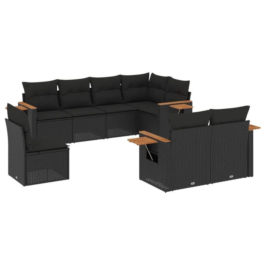 vidaXL 8-teilige Garten-Sofagarnitur in L-Form aus Poly-Rattan und Akazienholz in Schwarz mit Sitzkissen und Rückenkissen - Bild 2