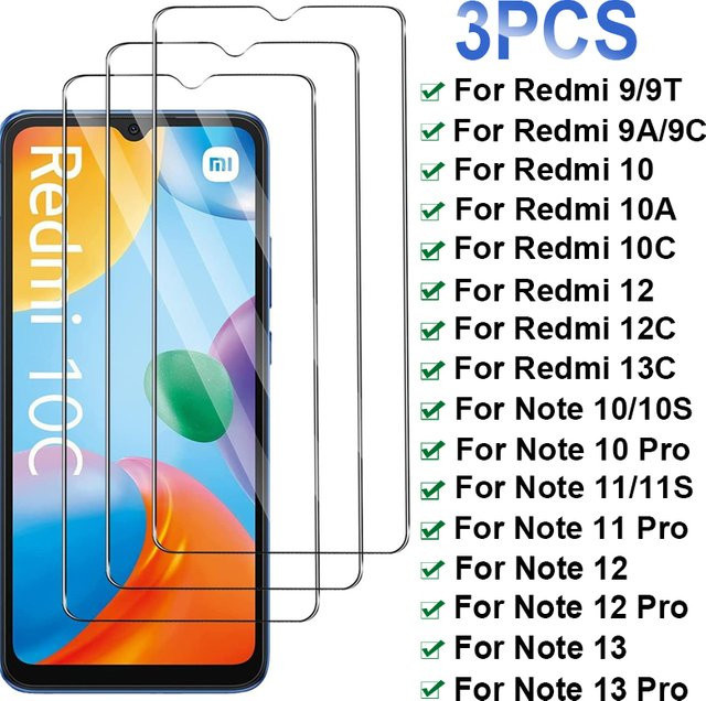 3er-Pack Displayschutzfolie aus gehärtetem Glas für Xiaomi Redmi Note 13 12 11 10 Pro 5G 10S 11S sowie Xiaomi 9A 9C 9T 10C 10A 12C 13C in Transparent mit vollständiger Abdeckung - Bild 1