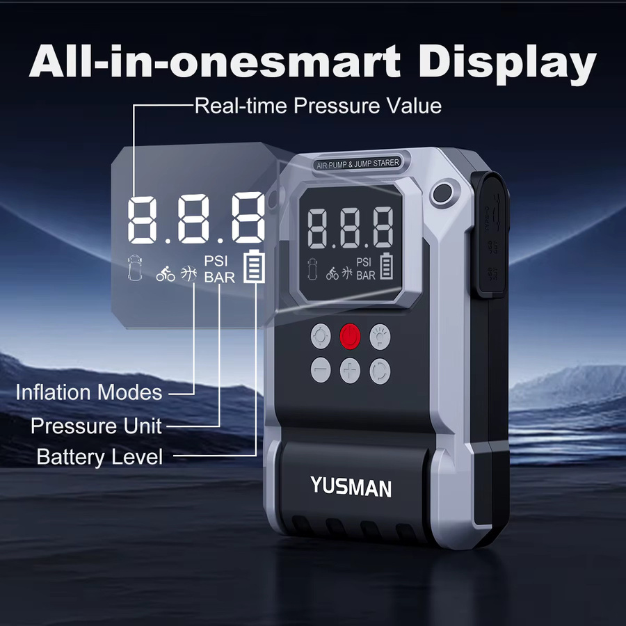 YUSMAN 4-in-1 Notfallstarter in Schwarz mit 26800mAh, 5000A Spitzenstrom, 150PSI Luftkompressor und Powerbank für 12V-Fahrzeuge - Bild 2