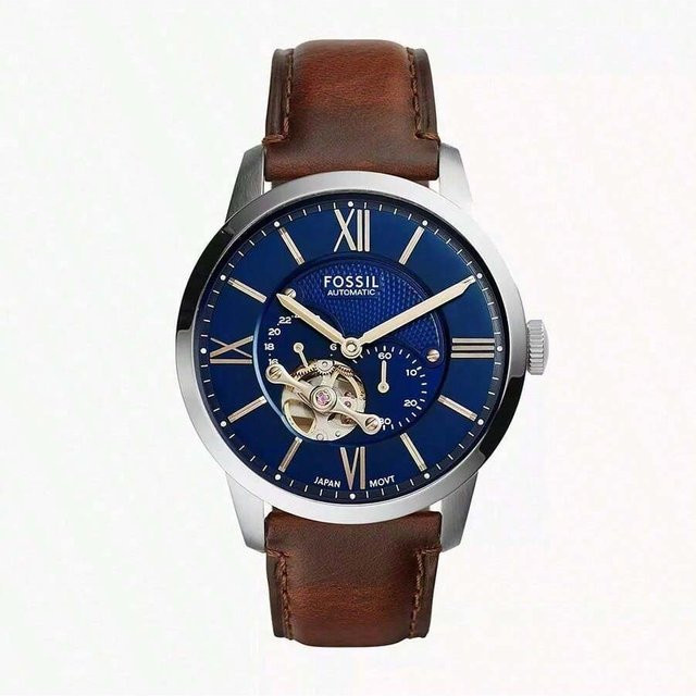 Fossil Herrenuhr, Automatik, Lederarmband, Blau, Edelstahl, Rund - Bild 1