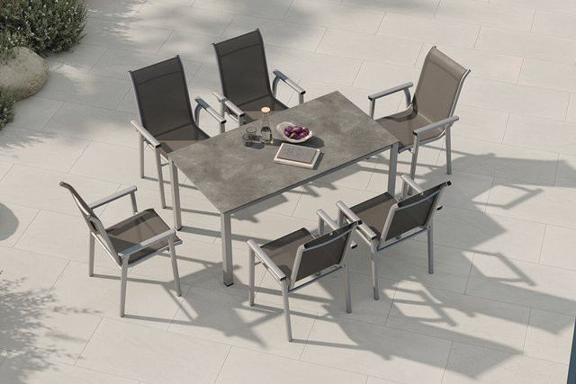 Kettler BasicPlus Pro Garten-Essgruppe aus Aluminium und Textilene in Silber/Anthrazit mit rechteckigem Tisch und 6 Stapelsesseln, Tisch B: 160 cm, T: 90 cm, H: 74 cm - Bild 1