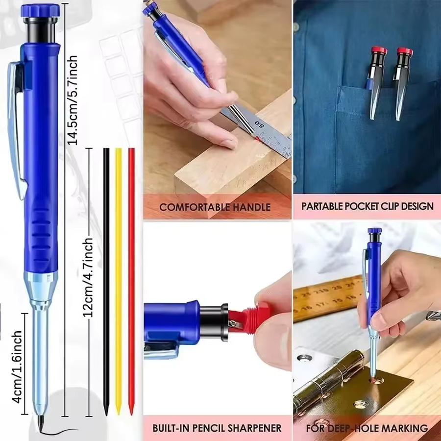 Professionelles Zimmermannsbleistift-Set aus Holz mit Graphit-Nachfüllungen in Schwarz für die Holzbearbeitung und Bauarbeiten - Bild 2
